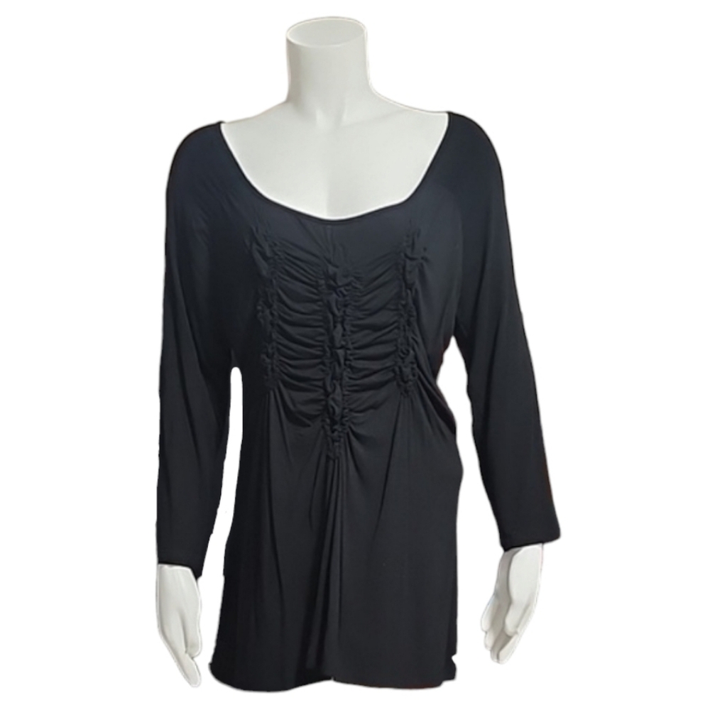CABLE & GAUGE Black Ruched Long Sleeve Knit Top XL Scoopneck Casual Stretch - Picture 2 of 11